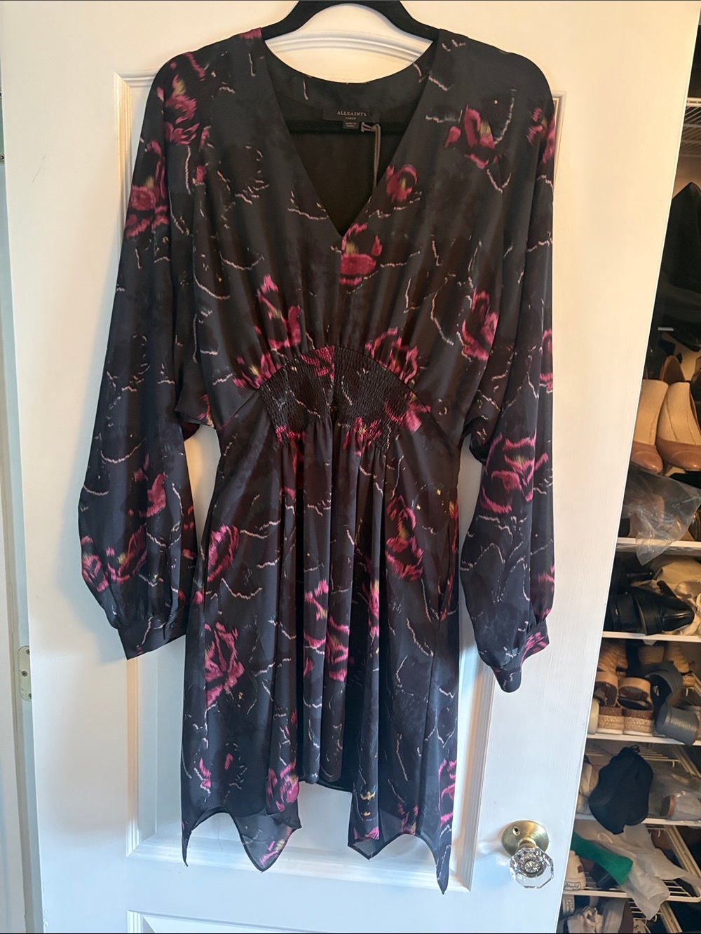 NWT - All Saints Black Dress with Magenta Floral Print and Long Sleeves